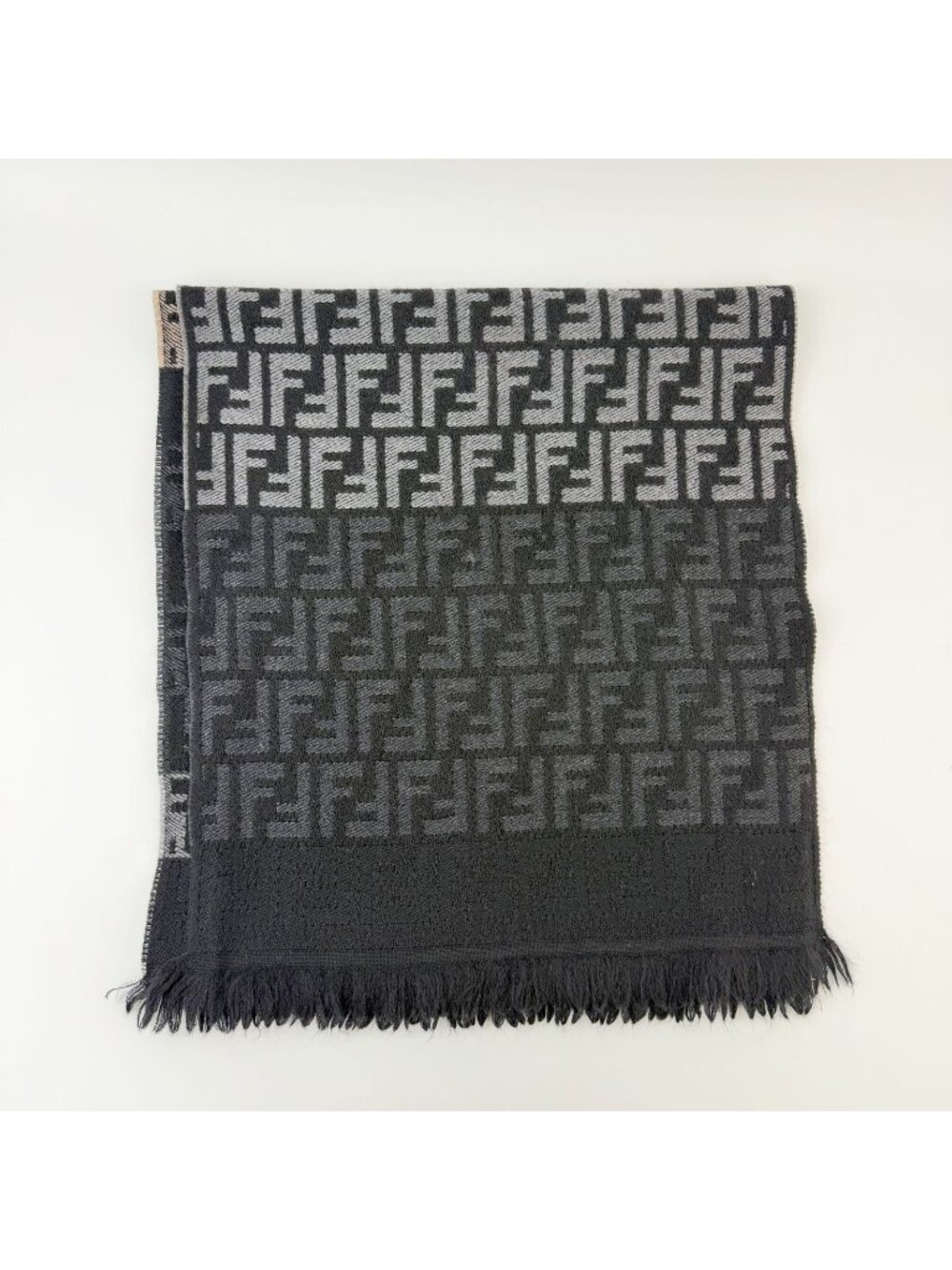 Fendi Zucca FF Border Scarf Wool 100% Gray Black Vintage